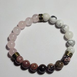 Natural Black Stripe Rhodonite, Rose Quartz and Howlite Crystal Beaded Bracelet